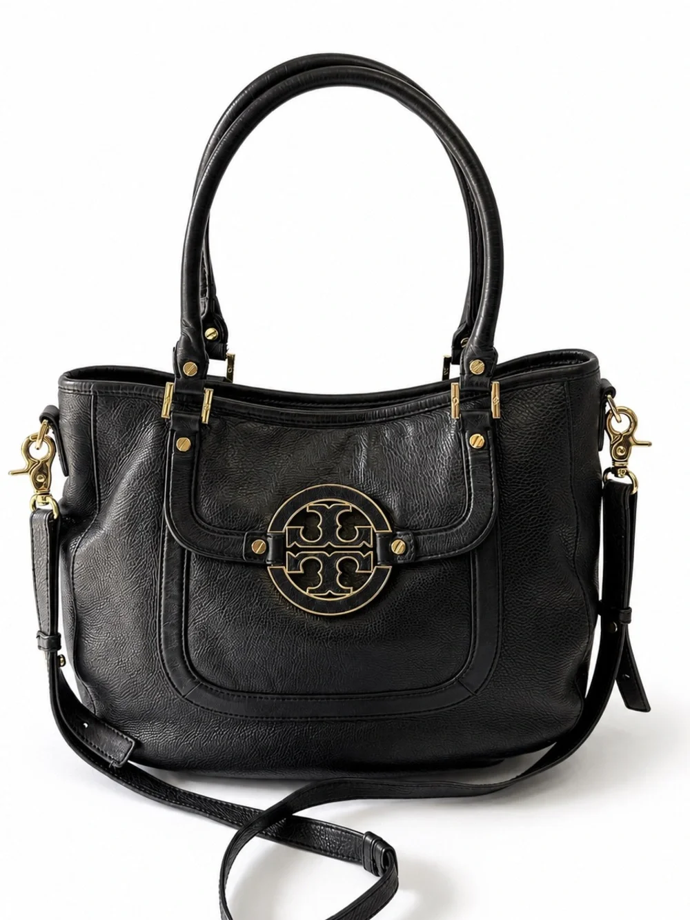 Tory Burch Amanda Large Black Pebbled Leather Tote Shoulder Bag Gold Hardware